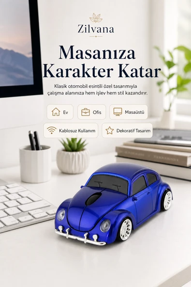 Zilvana Klasik Mavi Beetle Vosvos Tasarımlı 2.4G Kablosuz Mouse USB Alıcılı Kırmızı Araba Şeklinde Optik Mouse ürün görseli 1