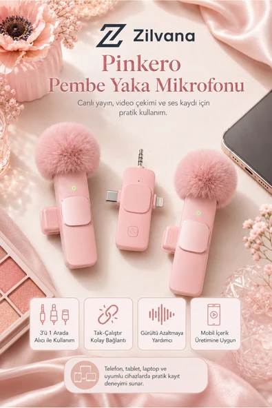 Zilvana Pinkero Pembe Kablosuz 2'li Yaka Mikrofonu Gürültü Azaltmalı Canlı Yayın Mikrofonu (Kılıf Hediyeli) ürün görseli 1