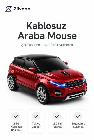 Zilvana Spor Araba Tasarımlı 2.4G Kablosuz Optik Mouse - Kırmızı SUV Model ürün görseli 1