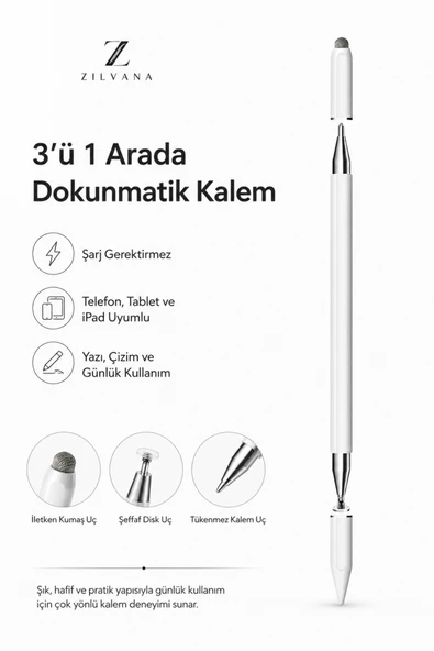 Zilvana Şarjsız Beyaz 3’ü 1 Arada Stylus Dokunmatik Kalem Telefon Tablet iPad Kağıt Uyumlu Yazı Çizim Kalemi ürün görseli 1