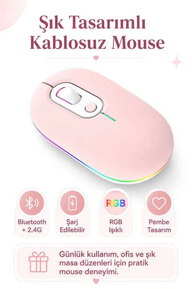 Zilvana Pembe Şarjlı Kablosuz Mouse Bluetooth 5.2 + 2.4G Çift Modlu Sessiz Tuşlu RGB Işıklı 800 1200 1600 DPI Type-C Şarjlı Ergonomik Mouse ürün görseli 1