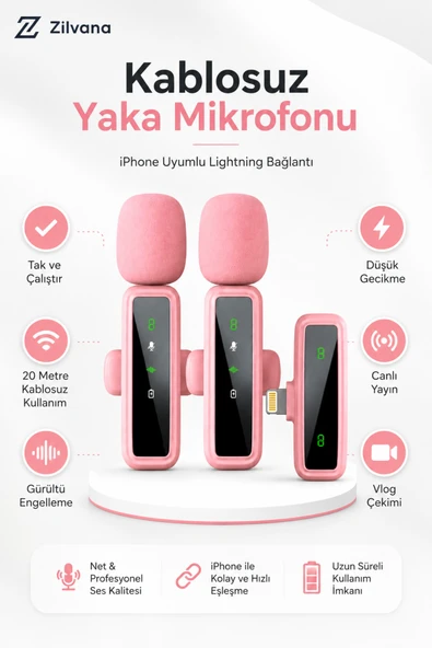 Zilvana Mivessa Kablosuz Pembe Yaka Mikrofonu 2'li Lightning Uyumlu Telefon Canlı Yayın Röportaj Kayıt ürün görseli 1