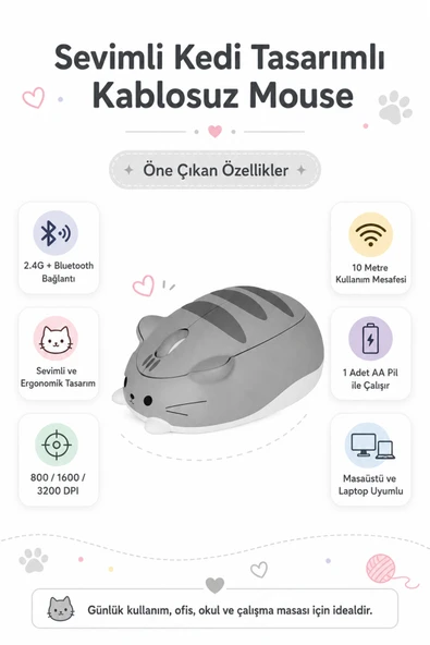 Zilvana Sevimli Kedi Tasarımlı Kablosuz Bluetooth Gri Mouse (Taşıma Kılıfı Hediye) ürün görseli 1