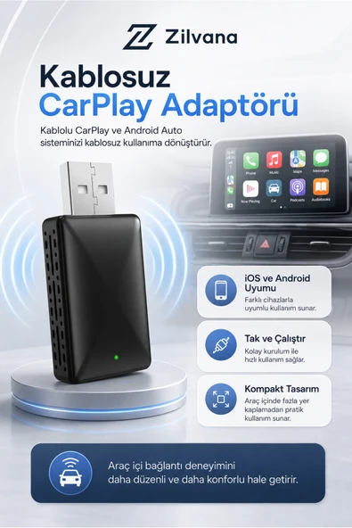 Zilvana Kablosuz Car Play Adaptörü İos & Android Cihazlar için Wireless Carplay Çevirici Siyah ürün görseli 1