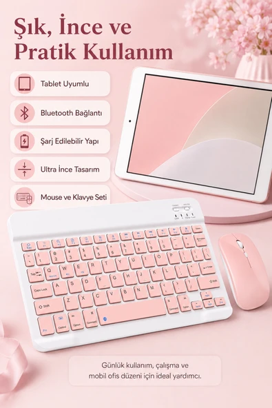 Zilvana Ultra İnce Bluetooth Pembe Klavye Mouse Seti Tablet & Laptop İçin ürün görseli 1