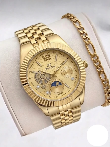 Bileklik Hediyeli Erkek Saat Takvimli Gold Kordon Analog Lüks Tasarım Erkek Kol Saati SWT02 ürün görseli 1