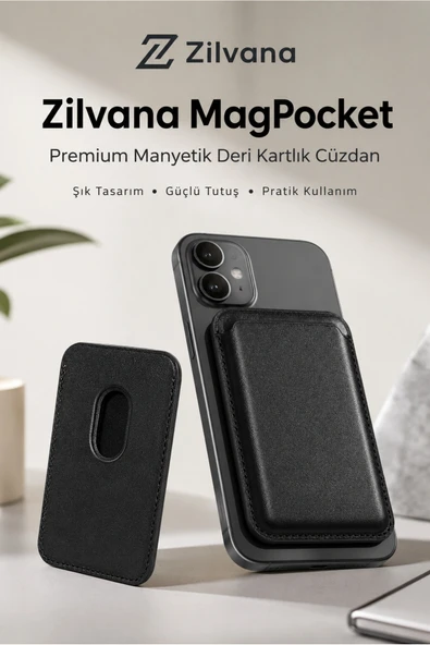 Zilvana MagPocket Premium Manyetik Deri Siyah Kartlık Cüzdan Telefon Kılıfı ürün görseli 1