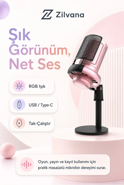 Zilvana Nexora RGB USB Kondenser Masaüstü Mikrofon Karaoke Yayın (Type-C) Pembe ürün görseli 1