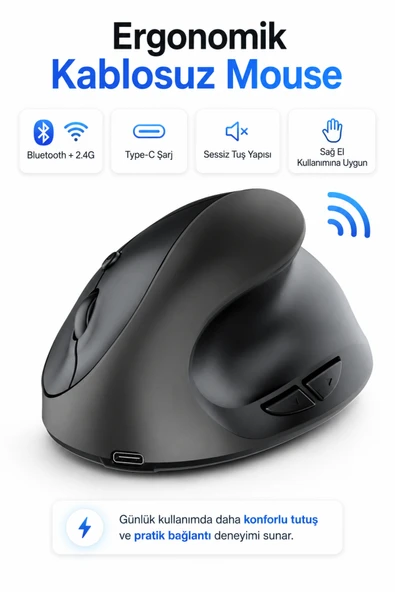 Zilvana Type-C Şarjlı Dikey Ergonomik Kablosuz Mouse Bluetooth Siyah (Sağ El Kullanımına Uygundur) ürün görseli 1