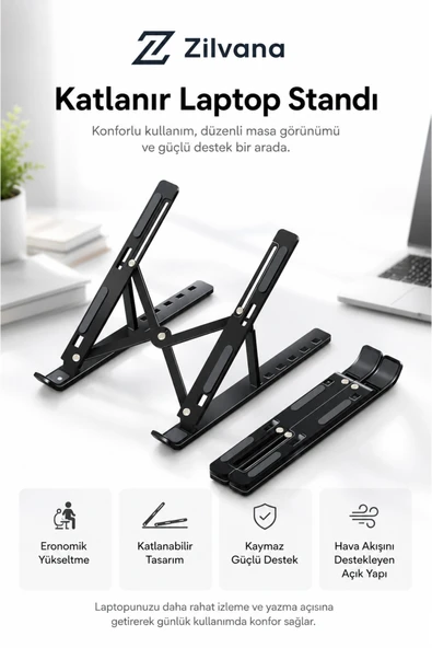 Zilvana Novexa Katlanır Laptop Standı Metal Notebook Yükseltici Soğutma Tabanı 7-10 Kademe ürün görseli 1