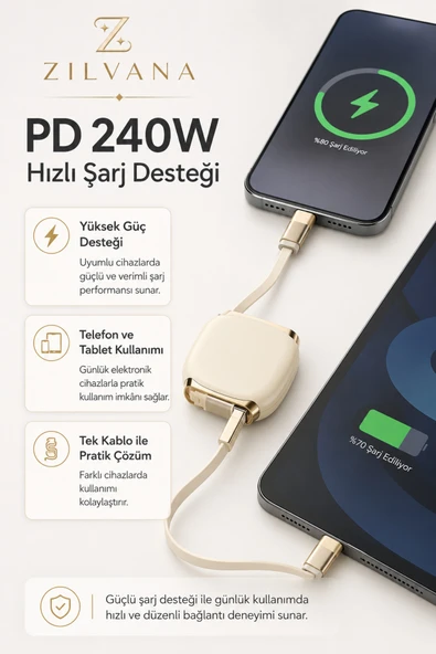 Zilvana 240W Type-C to Type-C Krem Teleskopik Şarj ve Veri Kablosu, Geri Sarılabilir Mini Tasarım, Kademeli Uzunluk Ayarı,Taşınabilir Hızlı Şarj Kablosu ürün görseli 1