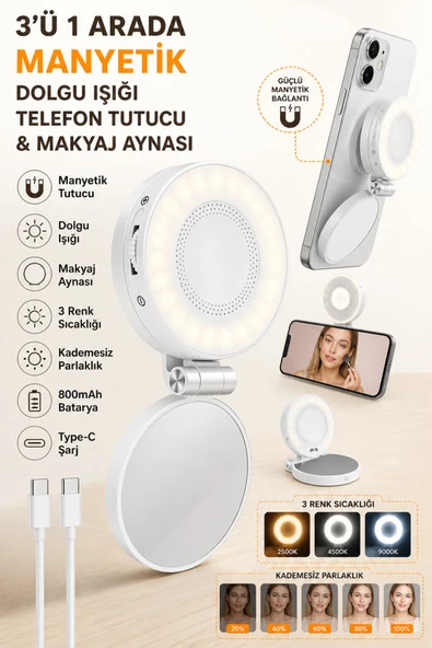 Zilvana Beyaz 3’ü 1 Arada Manyetik Telefon Tutucu Dolgu Işığı Makyaj Aynası ürün görseli 1