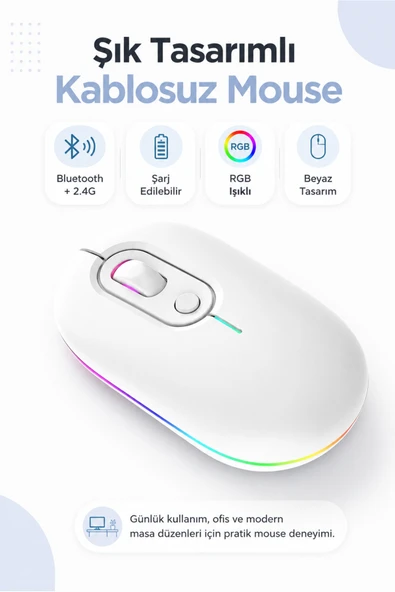 Zilvana Beyaz Şarjlı Kablosuz Mouse Bluetooth 5.2 + 2.4G Çift Modlu Sessiz Tuşlu RGB Işıklı 800 1200 1600 DPI Type-C Şarjlı Ergonomik Mouse ürün görseli 1