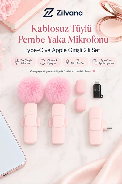 Zilvana Kablosuz Tüylü Pembe Yaka Mikrofonu Type-C ve Apple Girişli 2’li Set Bluetooth 5.0 ürün görseli 1