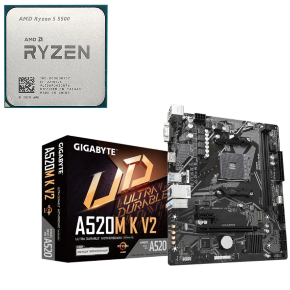 AMD Ryzen 5 5500 3.60GHz (Max 4.2GHz) 6 Çekirdek 16MB Önbellek Soket AM4 Tray İşlemci + gigabaytte a520 ddr4 am4 soket anakart ( 2 Lİ SET ) ürün görseli 1