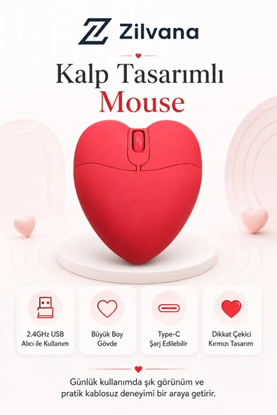 Zilvana Kalp Tasarımlı Kırmızı Şarjlı Mouse Kablosuz Çift Modlu Aşk Tasarımlı Fare ürün görseli 1
