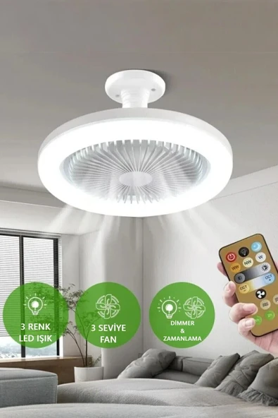 Adal Vantilatör 3 Kademe Hız Dimlenebilir 3 Renk Led Işıklı Poyraz Kumandalı Sabit Fan Led Ampul 24cm ürün görseli 1