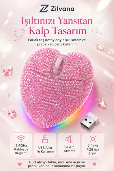 Zilvana Sevimli Parıltılı Kristal Taşlı Pembe Kalp Şeklinde Bilgisayar Faresi, LED Işıklı,2.4GHz ,Şarj Edilebilir USB Kablosuz Fare ürün görseli 1