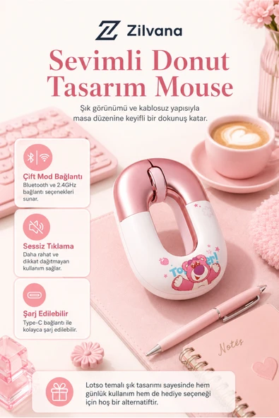 Zilvana Disney Özel Serisi Sevimli Pembe Donut Tasarım Kablosuz Mouse Sessiz Tıklama Bluetooth ürün görseli 1