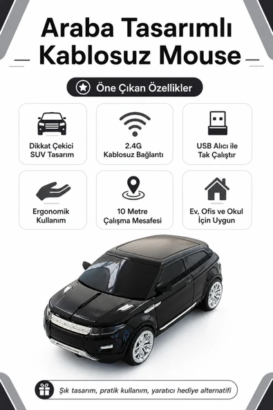 Zilvana Spor Araba Tasarımlı 2.4G Kablosuz Optik Mouse - Siyah SUV Model ürün görseli 1