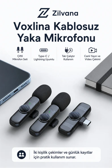 Zilvana Voxlina Kablosuz Yaka Mikrofonu Type-C/Lightning Uyumlu Çiftli Şarj Kutulu Canlı Yayın ürün görseli 1