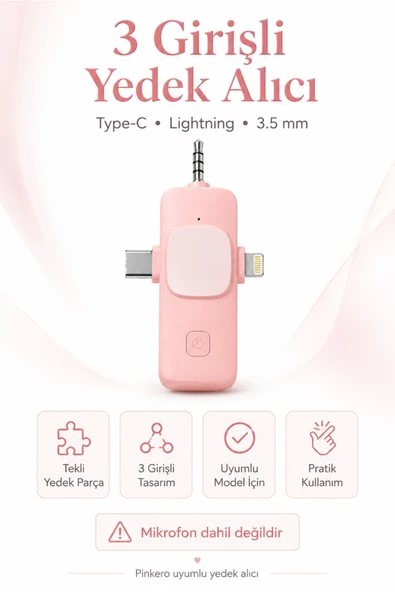 Zilvana Pinkero 3’ü 1 Arada Kablosuz Yaka Mikrofonu Yedek Alıcısı Type-C Lightning ve 3.5 mm Uyumlu ürün görseli 1