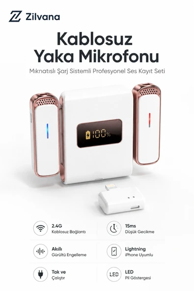 Zilvana Microna Manyetik Kablosuz Yaka Mikrofonu Lighting Canlı Yayın Ropörtaj Telefon Uyumlu ürün görseli 1