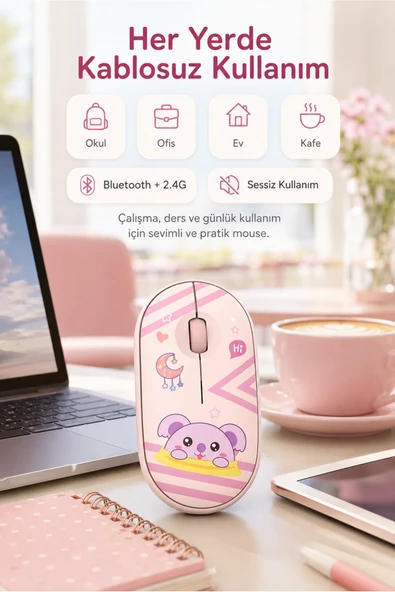 Zilvana Çift Mod Bluetooth 2.4G Kablosuz Pembe Desenli Sessiz Optik Mouse ürün görseli 1
