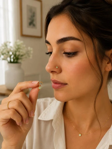 925 Ayar Gümüş Yeşil Taşlı Sarı Renk Burun Hızması Piercing Minimal L Şekilli Unisex Nose Stud ürün görseli 1