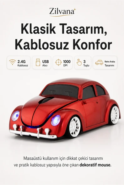 Zilvana Klasik Kırmızı Beetle Vosvos Tasarımlı 2.4G Kablosuz Mouse USB Alıcılı Kırmızı Araba Şeklinde Optik Mouse ürün görseli 1