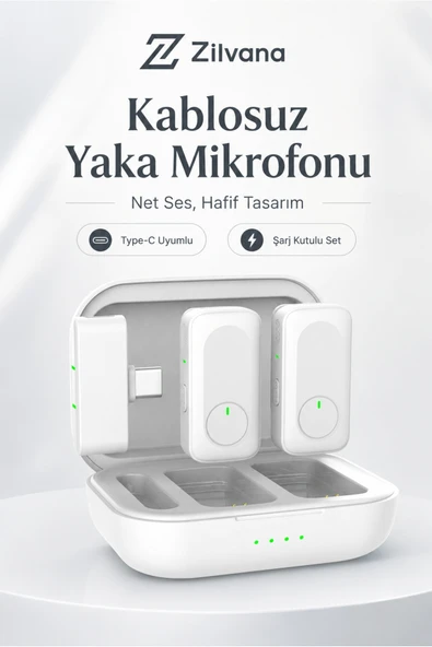 Zilvana Type-C Girişli Beyaz Kablosuz Yaka Mikrofonu Şarj Kutulu 2 Verici 1 Alıcı 48kHz 24bit Gürültü Engellemeli ürün görseli 1