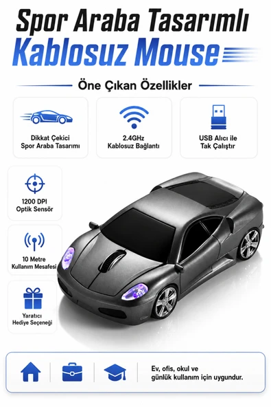 Zilvana Spor Araba Tasarımlı Gri Kablosuz Mouse USB Dongle Alıcılı ürün görseli 1