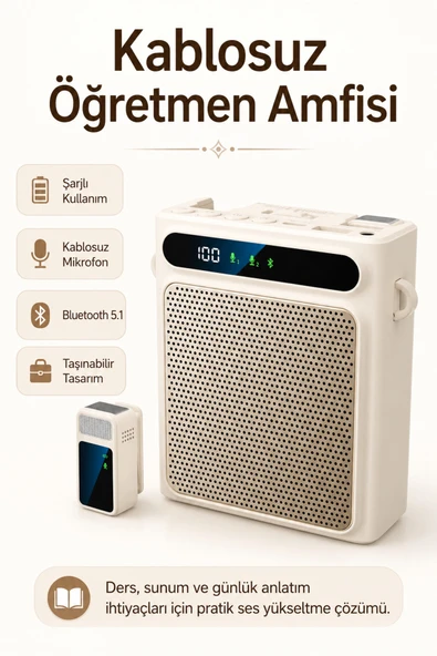 Zilvana Krem Kablosuz Yaka Mikrofonlu Taşınabilir Öğretmen Rehber Amfisi Bluetooth 5.1 Şarjlı 2000mAh 5W Ses Yükseltici USB MP3 Destekli Askılı Bel Tipi Hoparlör ürün görseli 1