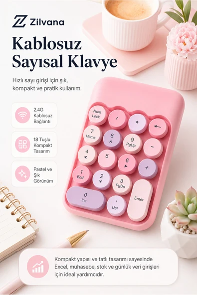 Zilvana Klyvera MOFii Kablosuz Sayısal Tuş Takımı USB Alıcılı Numpad Pembe Siyah ürün görseli 1