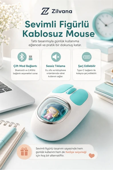 Zilvana Sevimli Oyuncak Detaylı Bluetooth Kablosuz Mouse Şarjlı Sessiz Çift Mod ürün görseli 1