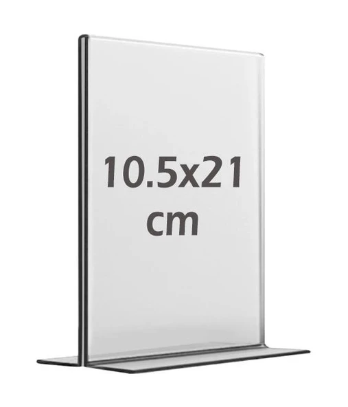10,5x21 cm T tipi Dikey Şeffaf Föylük Menü Broşür Etiket Fotoğraflık Masaüstü Stand Sehpa Sunum ürün görseli 1