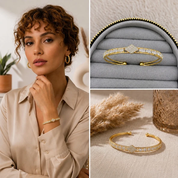 ? Premium Gold Renk Zirkon Taş Baklava Detay Su Yolu Manşet Tasarım Kadın Bijuteri Bileklik (20cm) ürün görseli 1