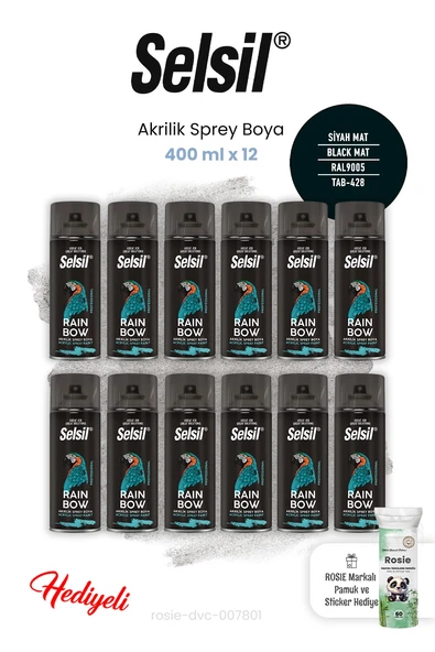 12 adet Selsil  400 ml Siyah Mat Sprey Boya ve ROSIE ürün görseli 1
