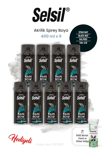 Selsil 9'lu 400 ml Siyah Mat Sprey Boya ve ROSIE ürün görseli 1
