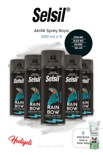 Selsil 5 adet Siyah Mat Sprey Boya 400 ml ve ROSIE ürün görseli 1