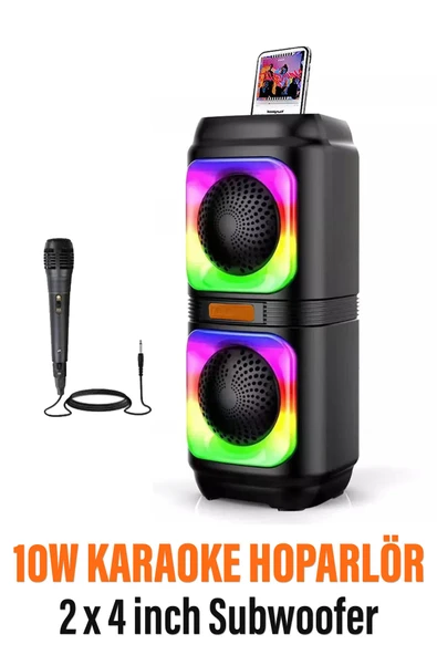 Bluetooth Hoparlör 10W Speaker TWS Kablolu Karaoke Mikrofon 2x4inç RGB Işıklı 1500mAh Batarya BLS-48 ürün görseli 1