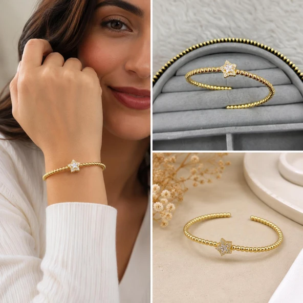 ? Premium Parlak ve Şık Gold Renk Yıldız Taş Detaylı Kadın Kelepçe Bijuteri Bileklik (20cm) ürün görseli 1