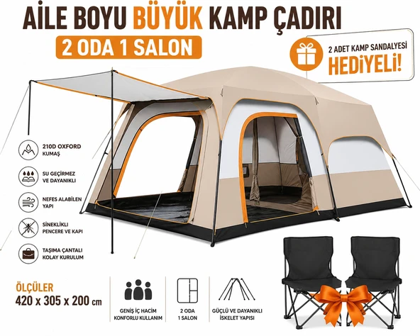 Aile Boyu Büyük Kamp Çadırı (2 Oda 1 Salon) + 2 Kamp Sandalyesi Hediyeli 420 x 305 x 200 cm ürün görseli 1