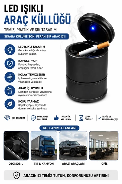 3B Trend LED Işıklı Araç Küllüğü Kapaklı Bardaklık Uyumlu Kokusuz Araç İçi Sigara Küllüğü Siyah ürün görseli 1