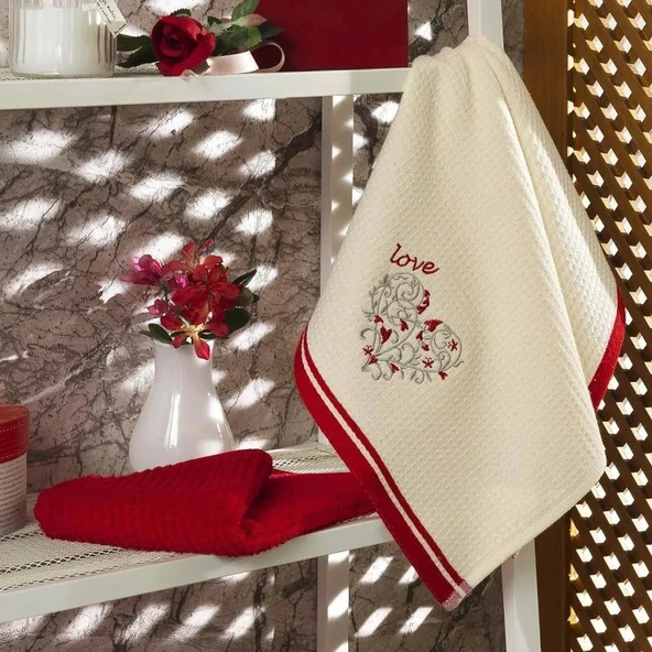 Maxstyle Pamuk Mutfak Havlusu 40x60 cm 2li Krem-Kırmızı ürün görseli 1