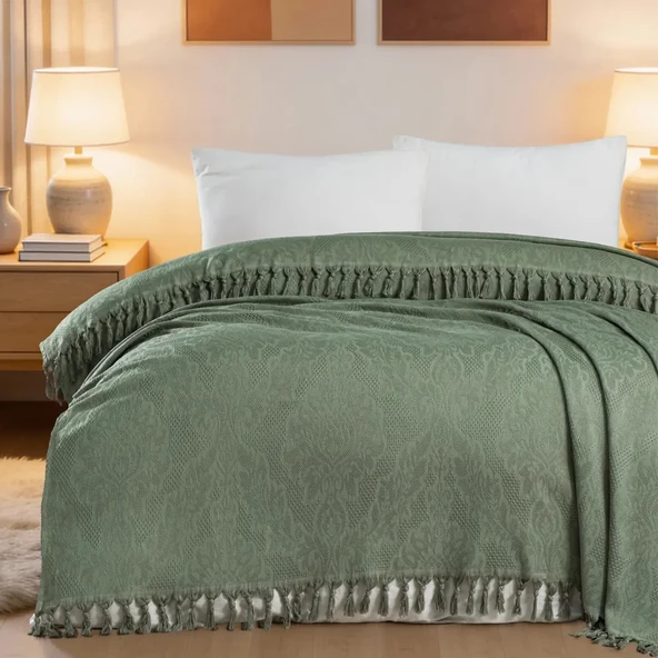 Aryıldız Home 240x260 cm Bambu Jakarlı Saçaklı Pike - Haki ürün görseli 1