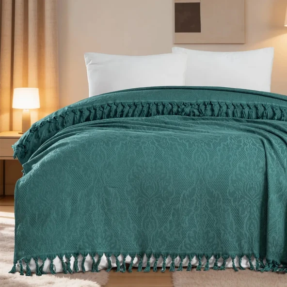 Aryıldız Home 240x260 cm Bambu Jakarlı Saçaklı Pike - Petrol ürün görseli 1