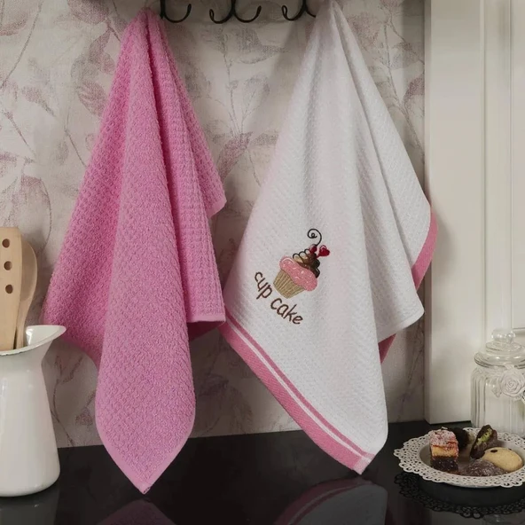 Maxstyle Pamuk Mutfak Havlusu 40x60 cm 2li Beyaz-Pembe ürün görseli 1