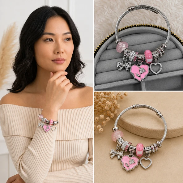 ? Premium Parlak ve Şık Gümüş Renk Pembe Kalp ve Fiyonk Figürlü Charm Kadın Bijuteri Bileklik (20cm) ürün görseli 1