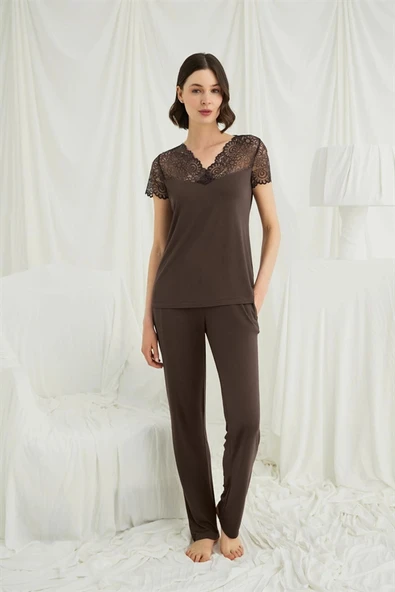 Nevamel® Kısa Kollu Ve Dantelli V Yaka Pijama Takımı ürün görseli 1